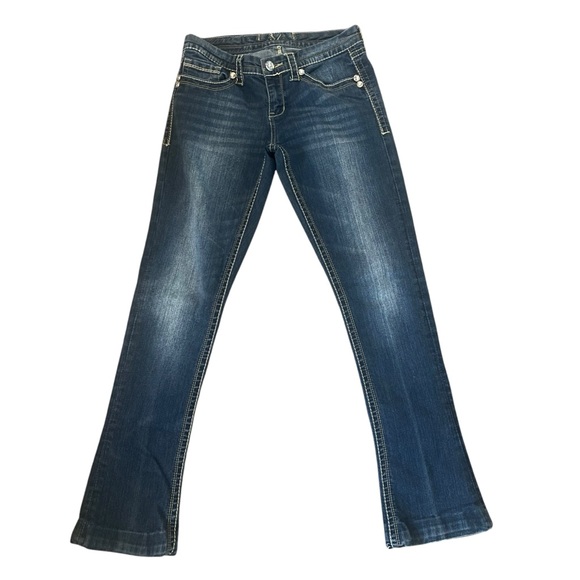 Seven 7 Women's Blue Coastal Cowgirl Bling Accents Boot Cut Big Stitch Jeans 28” - Picture 1 of 11